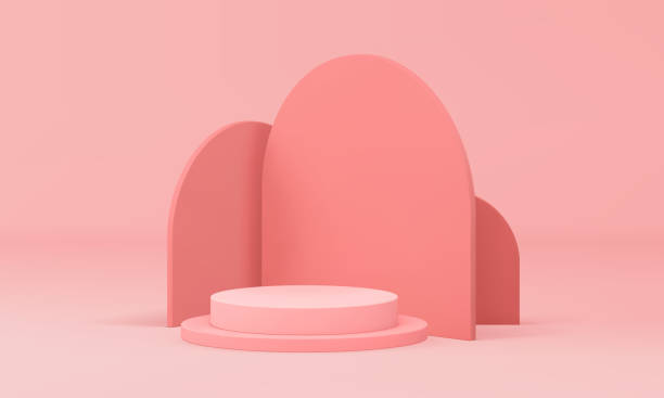 istock Pink pastel 3d podium pedestal with semi circle wall background for product show realistic vector 2156150586