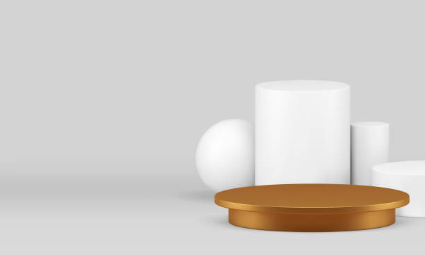 istock 3d neutral showroom golden podium pedestal for luxury product show realistic vector illustration 2156150611