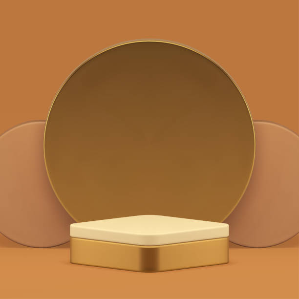 istock 3d beige rhombus podium with circle golden wall background for show realistic vector illustration 2156150771