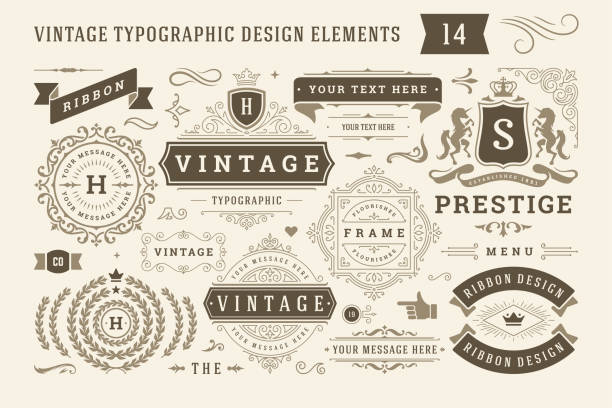 Vintage typographic design elements set vector illustration. Vintage typographic design elements set vector illustration. Labels and badges, retro ribbons, luxury ornate logo symbols, calligraphic swirls, flourishes ornament vignettes and other. filigree illustrations stock illustrations