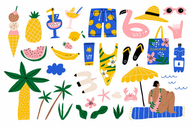 ilustrações de stock, clip art, desenhos animados e ícones de big set of summer elements. - saco objeto manufaturado