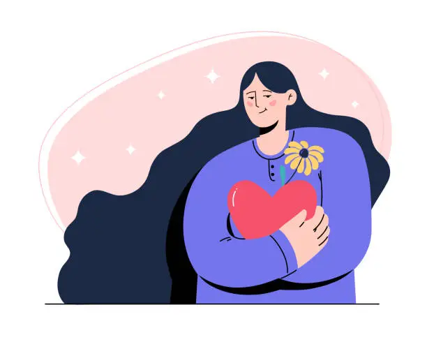 Abbracciare l'amore per se stessi - illustrazione vettoriale di una donna con un cuore Abbracciare l'amore per se stessi - illustrazione vettoriale di una donna con un cuore