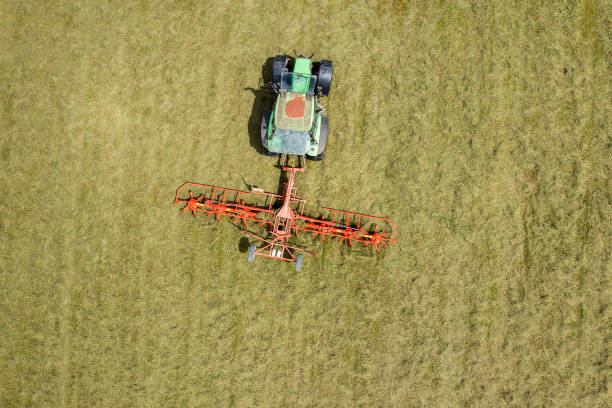 Top down view of a green agricultural tractor with red rotary rake rowing hay on a meadow in spring.