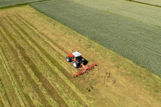 istock Tractor rowing hay, aerial view 2156158976