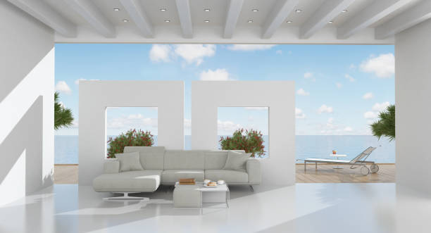 istock Modern beachfront living room with open wall to ocean view 2156159139