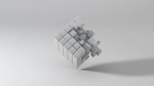 Abstract 3D background. Cube divides at small blocks and rotates against light grey background with shallow depth of field and copy space. Representing big data and technology processes