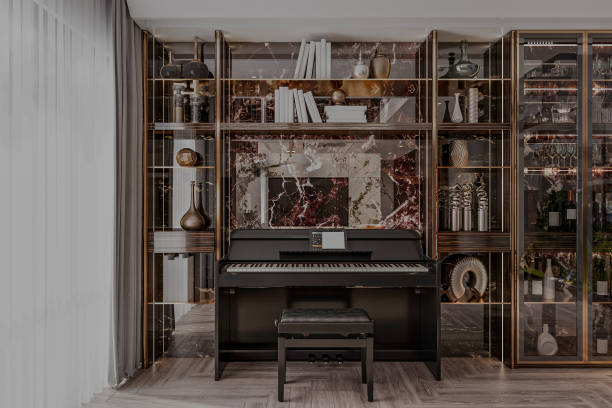 istock Empty space interior with black Electric piano placement and wall unit 2156162394
