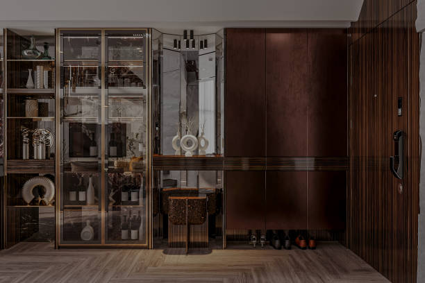 istock Modern electric foyer interior with shoe cabinet in brown accent 2156162437