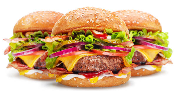 istock Beef patty burgers with vegetables and lettuce on white background. 2156162669