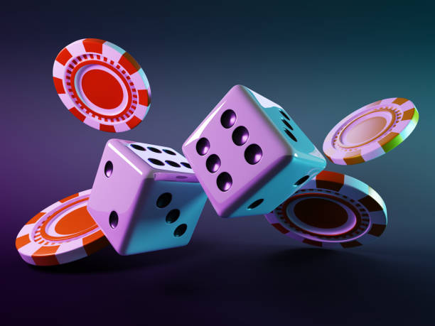 istock Poker chips and dice roll in neon light on black background. Falling casino game icons 3d render. Red and yellow gambling coin money, tokens and white cubes in motion, Vegas concept 2156162716