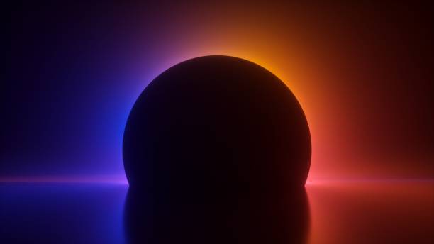 istock 3d render illustration of dark black sphere against a radiant vibrant gradient backdrop. Mysterious silhouette against rainbow gradient. Black hole with ambiance light effect. 2156166231