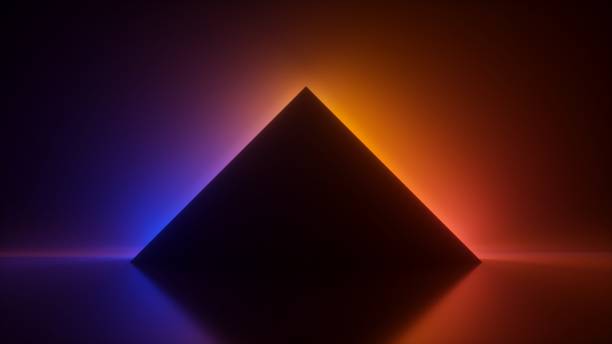 istock 3d render illustration of dark black triangle against a radiant vibrant gradient backdrop. Geometric silhouette surrounded by mysterious neon light. Black hole with ambiance light effect 2156166916