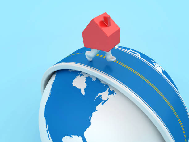 3D House with Road on legs Around the World - Colored Background - 3D Rendering