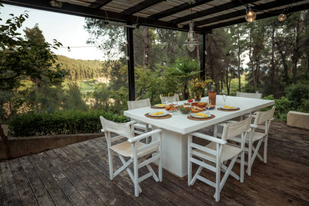 istock Table ready for dinner party in back yard  with no people 2156171804