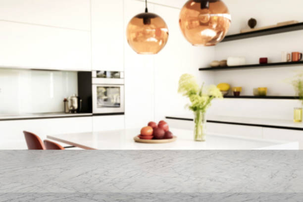 Kitchen with white marble board top shelf blurred background 3d render template for product presentation.
