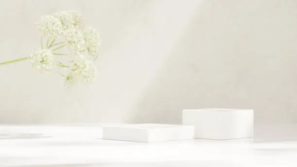 Background 3D rendering minimalist white podium and peucedanum rablense flower for product presentation in landscape Background 3D rendering minimalist white podium and peucedanum rablense flower for product presentation in landscape