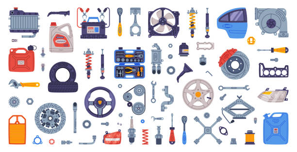 auto náhradní díly a prvky pro autoopravy vector set - pneumatika autodíl stock ilustrace