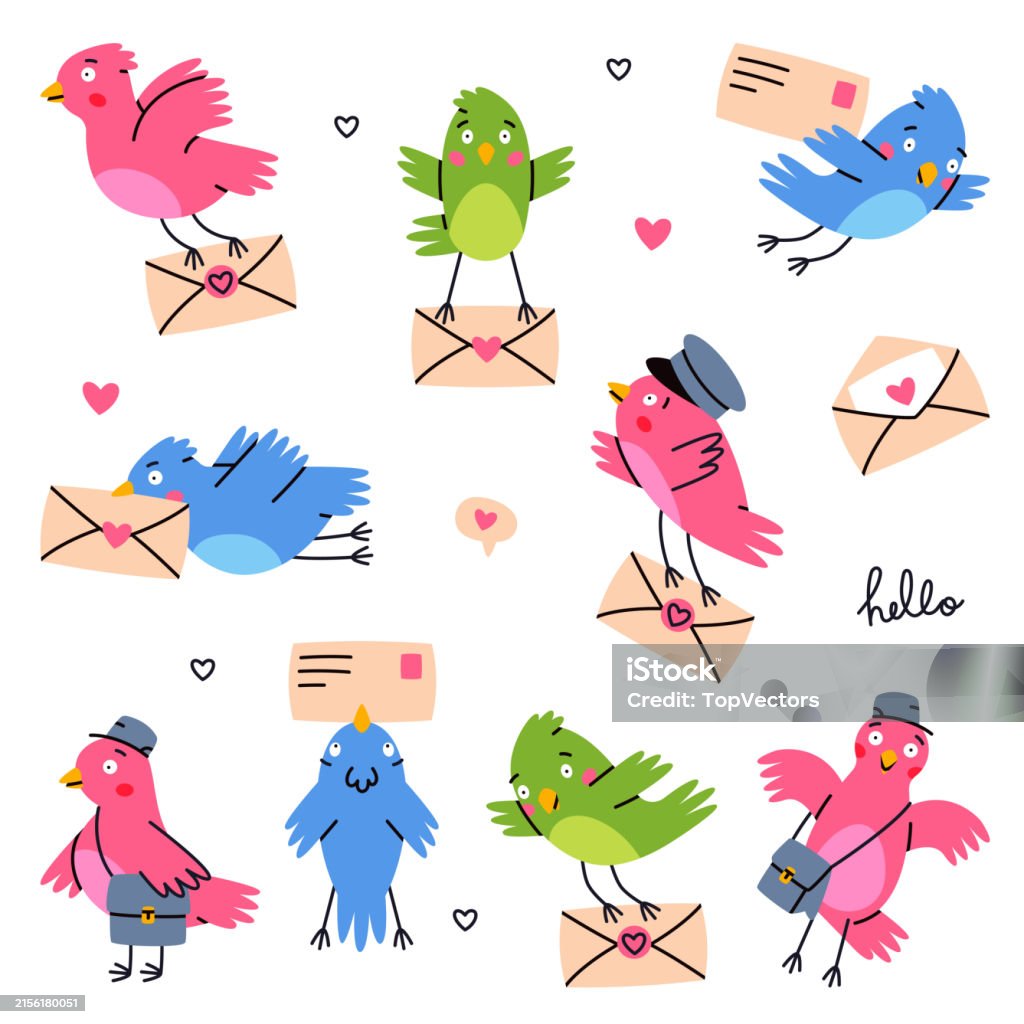Bird Carry Note Ilustración de Cute Bird Carrying Envelope With Letter Vector Set y más ...