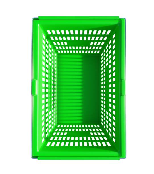 Top view green plastic shopping basket isolated.