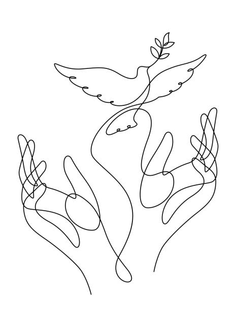 white dove with olive branch and caring hands one line drawing white dove with olive branch and caring hands one line drawing continuous vector illustration peace and freedom concept spiritual warfare stock illustrations