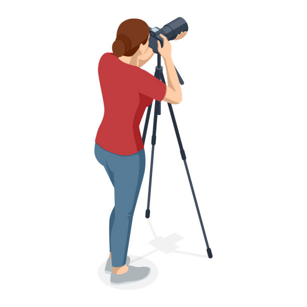 istock Isometric Woman Photographer with dslr Cameraon a tripod. Digital photo camera. Home hobby, lifestyle, travel, people concept. Professional Photographer 2156196543
