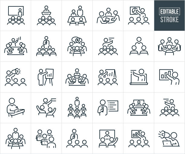 Business Presentations, Lectures And Trainings Thin Line Icons - Editable Stroke A set of business presentations, lectures and trainings icons that include editable strokes or outlines using the EPS vector file. The icons include all types of meetings, conventions and seminars and include a business person giving a speech to a group of employees, business leader at podium giving presentation to an audience of people, businessman giving a presentation to co-workers in a boardroom, business meeting at a table with employees, business person giving sales presentation using a pie chart on a screen, business manager giving presentation to a group of colleagues in a boardroom, business person giving a presentation to group of people at a seminar, business people seated at a table having a meeting, professor giving presentation to a group of students, group of business people seated at a table having a meeting, business leader using bullhorn to give presentation to coworkers, group of co-workers at table with laptops having a meeting, businessman at podium giving presentation, presenter at convention giving a presentation, employees in boardroom receiving a presentation from their boss using video conferencing, professor giving a group of students on laptops a training and other related icons. speaker-vector stock illustrations