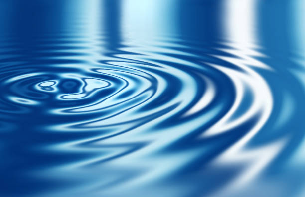 wallpaper, 3d liquid ripples or graphics of blue circular waves with a metallic reflection on the surface. texture, effect and art deco of movement in a futuristic pool or smooth zen water background - golfplaat-fotos stockfoto's en -beelden