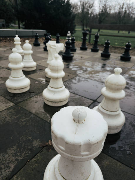 istock Chess pieces on a park floor, strategic game outdoors 2156202629