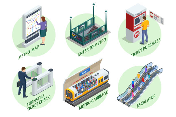 ilustraciones, imágenes clip art, dibujos animados e iconos de stock de isometric set subway elements. turnstile ticket check, enter to metro, escalator, ticket purchase, metro-carriage, transition metro station, metro-station, metro-tunnel - metro-transporte