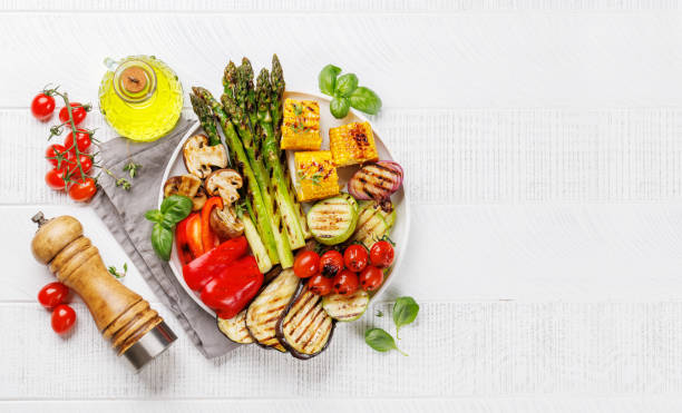 Assorted grilled vegetables on a plate, showcasing a colorful and healthy meal