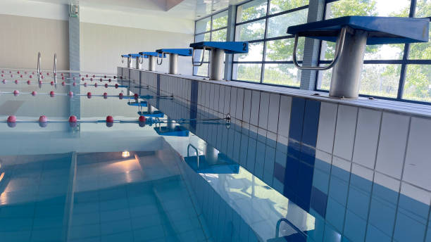 istock Trampolines with numbers for jumping into the pool and training for competitions, copyspace in the photo. 2156210614