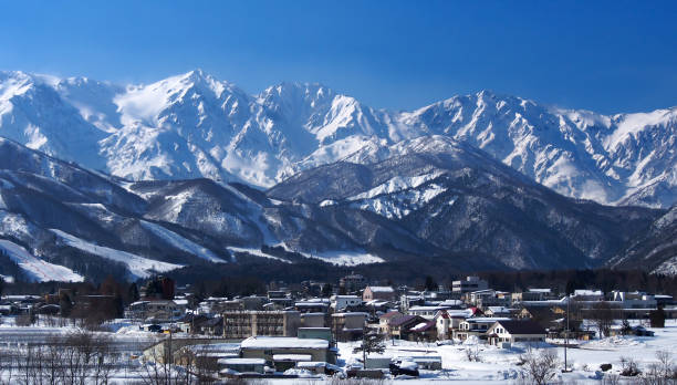 Hakuba Mountain Range and Hakuba Village covered in snow