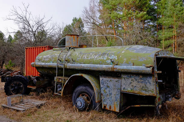 istock Decaying vehicle with peeling paint amidst trees and dry grass. 2156211998