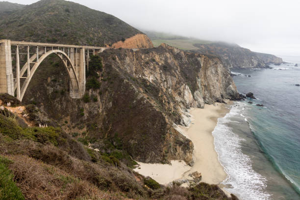 A stunning view of a Bixby Bridge on the ocean coast at Big Sur, California, offering a scenic backdrop for a road trip adventure