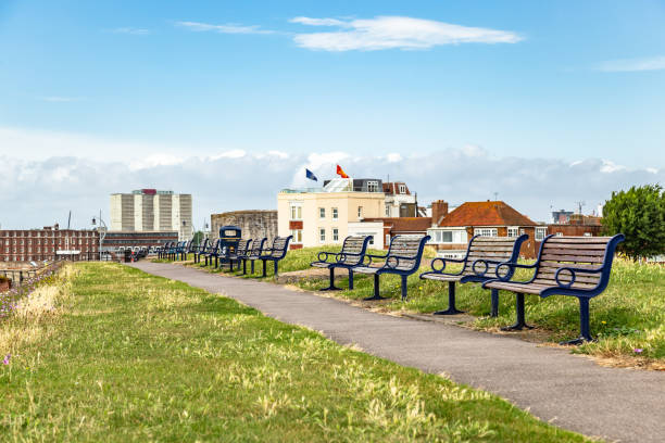 Seaside benches in Portsmouth Southern England Europe