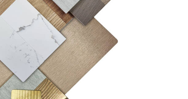 istock group of interior material samples including brushed gold stainless, bronze laminated, stone tile, wooden flooring tile, white marble quartz, veneer isolated on background with clipping path. 2156220933