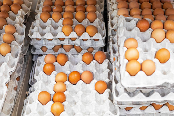 istock chicken eggs in cardboard containers on the counter in a store. economic crisis 2156221743