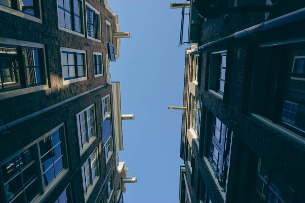 Low angle view of canal houses in Amsterdam, The Netherlands