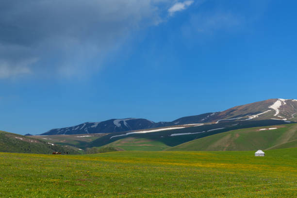 Lonely yurt (traditional nomadic dwelling) on ​​a high mountain plateau in the first summer days