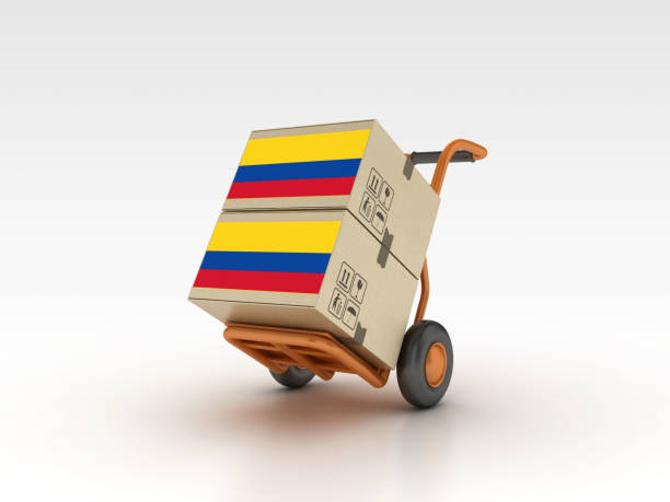 Colombian Flag with Cardboard Boxes on Hand Truck - Gray Background - 3D Rendering
