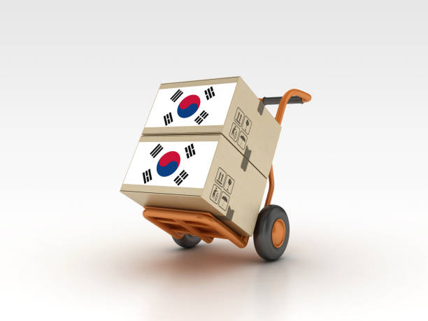 South Korean Flag with Cardboard Boxes on Hand Truck - Gray Background - 3D Rendering
