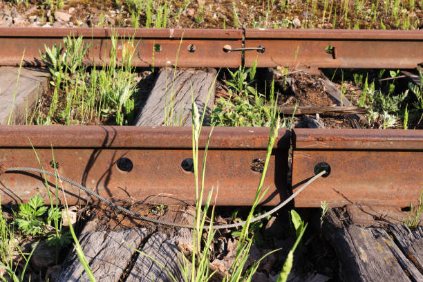 Old rusty railroad rail joint gap closeup
