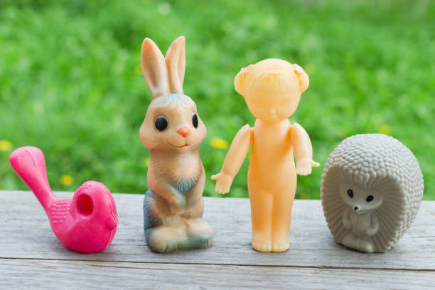 Soviet plastic toys are simple cheap dolls and toy animals 1960-1970