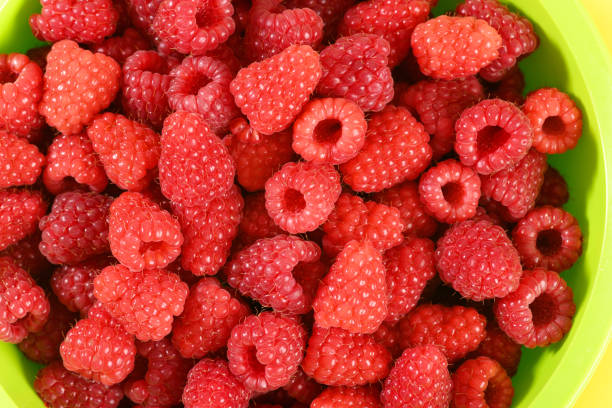pile of fresh raspberries, close-up, isolated on a white background