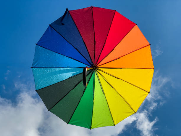 istock Rain Covered Multicolored Rainbow Umbrella in a Blue Sky With Clouds 2156231214