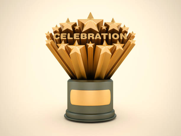 istock Gold Stars with Celebration Word on Trophy 2156236231