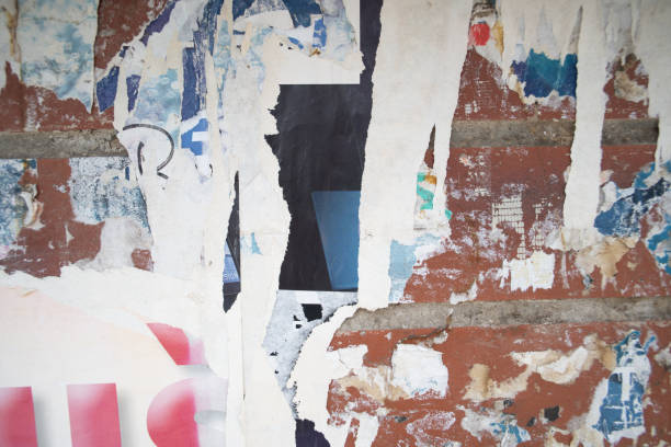 istock Torn and weathered street poster background, abstract paper collage backdrop 2156239462