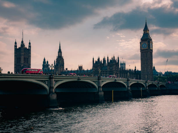 This photo captures the iconic Big Ben and Westminster Bridge at sunset. Taken in London, England, it highlights the stunning silhouettes of these historic landmarks against a vibrant evening sky. Ideal for those seeking to convey the beauty and charm of London's architecture at dusk