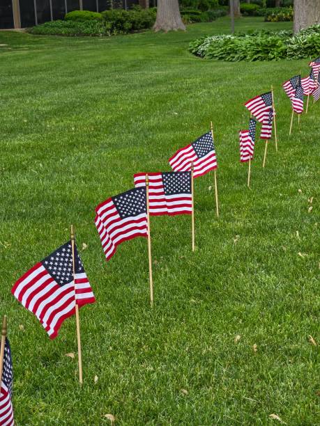 istock Row of Small American Flaga On Grass 2156243268