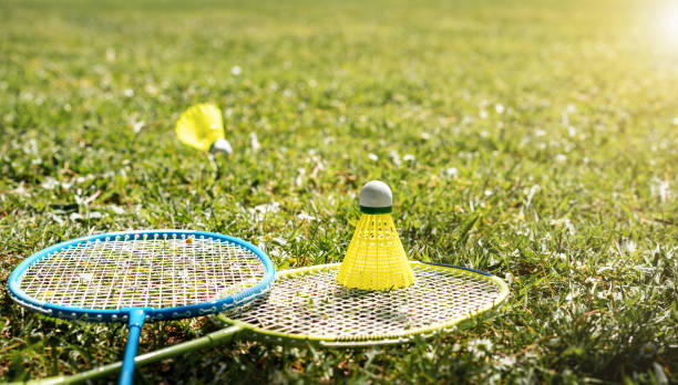 istock Badminton rackets and shuttlecocks on green grass in park. 2156243798